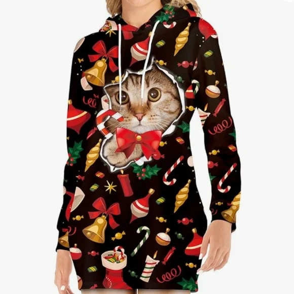 cat christmas dress women Retrolicious Christmas Tree Cat Cotton Greta Swing Dress  Unique Vintage